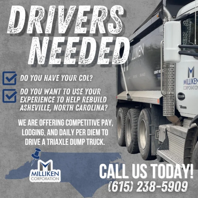 📣 Calling all CDL drivers...We have a fantastic opportunity for you in Asheville, NC! 

#ashevillenc #hurricanerelief #cdl #millikencorp #millikencorporation