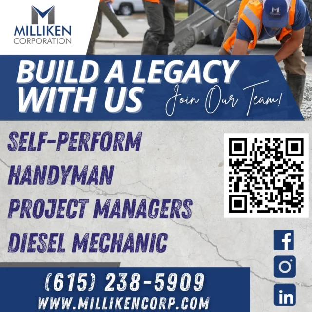🔨 Build a legacy with us

Now hiring: Self-Perform, Handyman, Project Managers & Diesel Mechanic.

Ready to join the team? Apply today or visit our website 
#themillikencorproation #legacy #tn