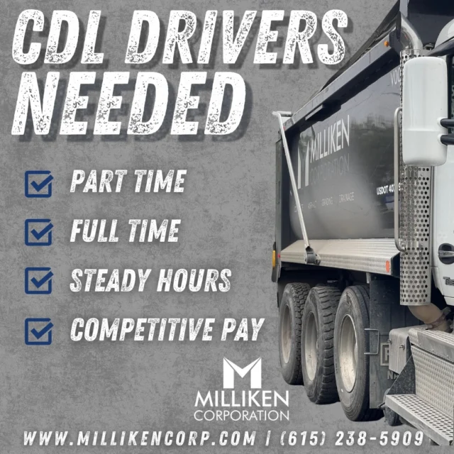 Join the Milliken team with opportunities for part-time or full-time work, steady hours, and competitive pay.

If you’re looking for a reliable position with a great team—we’d love to hear from you!
#themillikencorporation #cdl #letsgrow

📞 (615) 238-5909
🌐 http://www.millikencorp.com